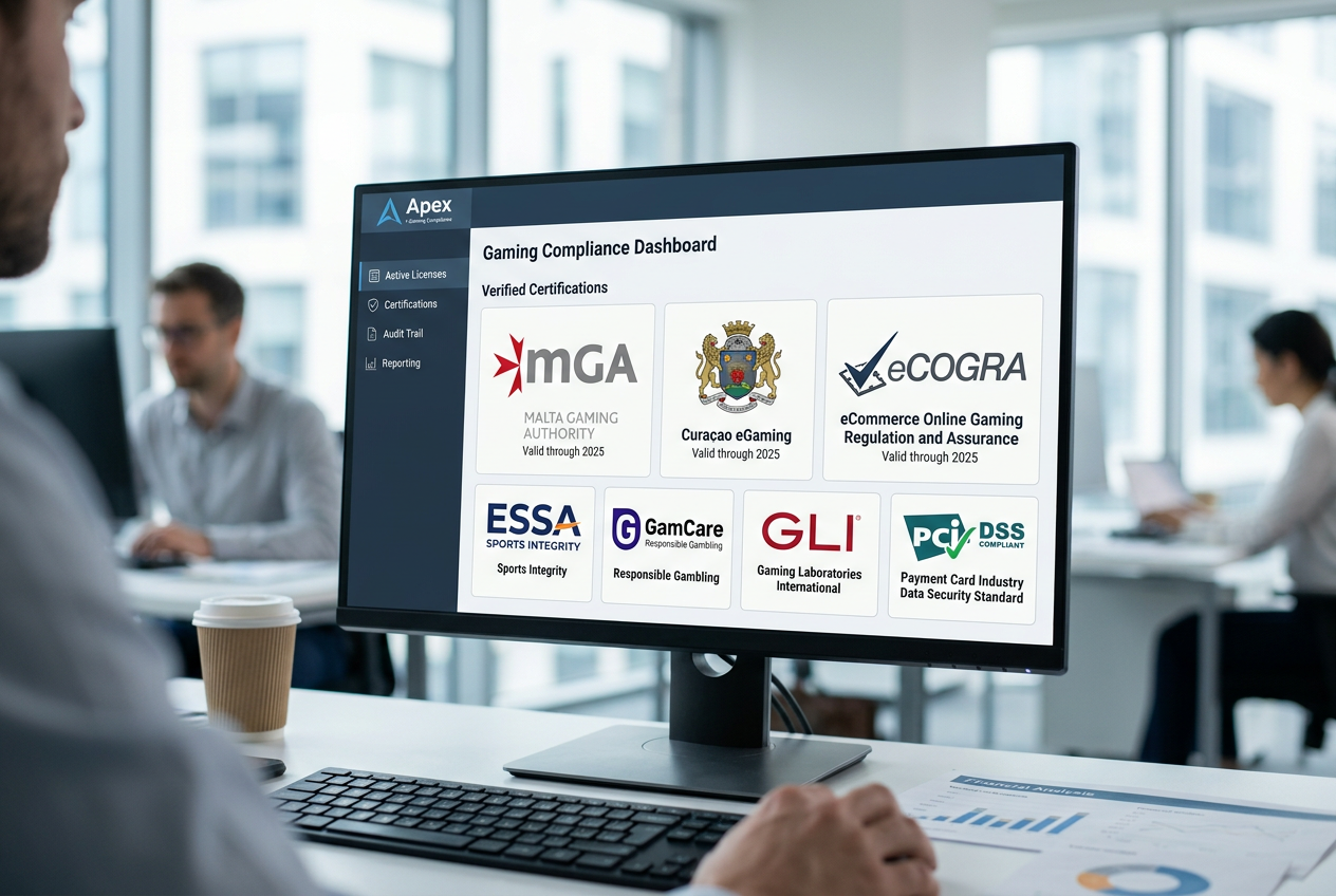 Logotypy licencji hazardowych i certyfikatów bezpieczeństwa na ekranie komputera